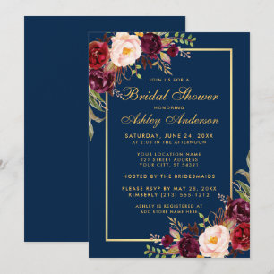 Burgundy Floral Blue Gold Bridal Shower Invite