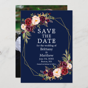 Burgundy Floral Blue Gold Geo Frame Photo Save The Date