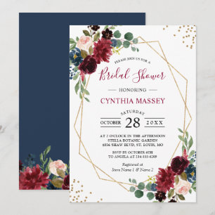 Burgundy Floral Blue Gold Geometric Bridal Shower Invitation