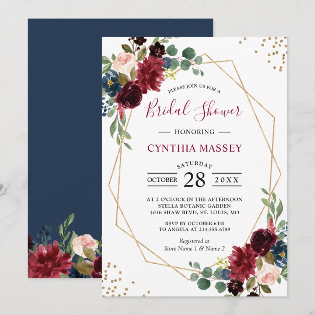 Burgundy Floral Blue Gold Geometric Bridal Shower Invitation (Front/Back)