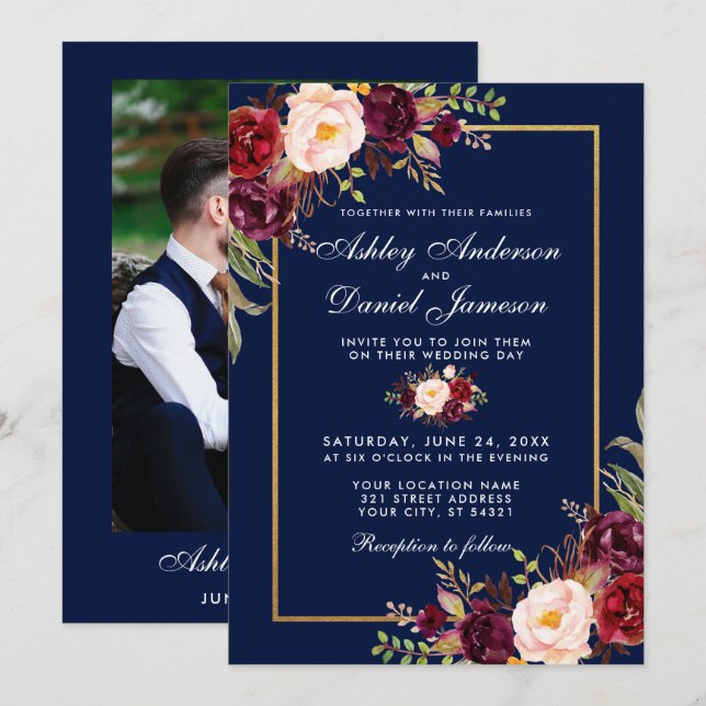 Burgundy Floral Blue Gold Photo Wedding Invitation (Front/Back)