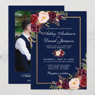 Burgundy Floral Blue Gold Photo Wedding Invitation
