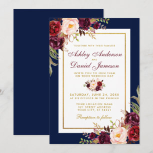 Burgundy Floral Blue Gold Wedding Invitation