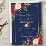 Burgundy Floral Blue Gold Wedding Invitation WB<br><div class="desc">Elegant Burgundy Watercolor Floral Blue and Gold Wedding Invitation - White Text,  Blue Back</div>