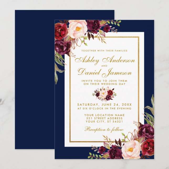 Burgundy Floral Blue Gold Wedding Invite (Front/Back)
