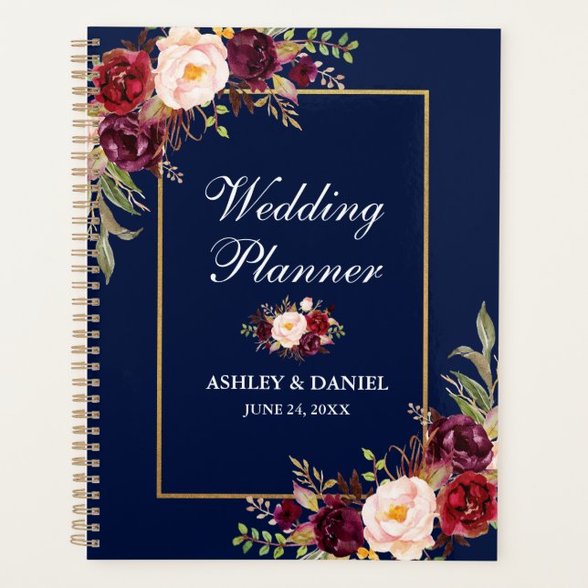 Burgundy Floral Blue Gold Wedding Planner (Front)