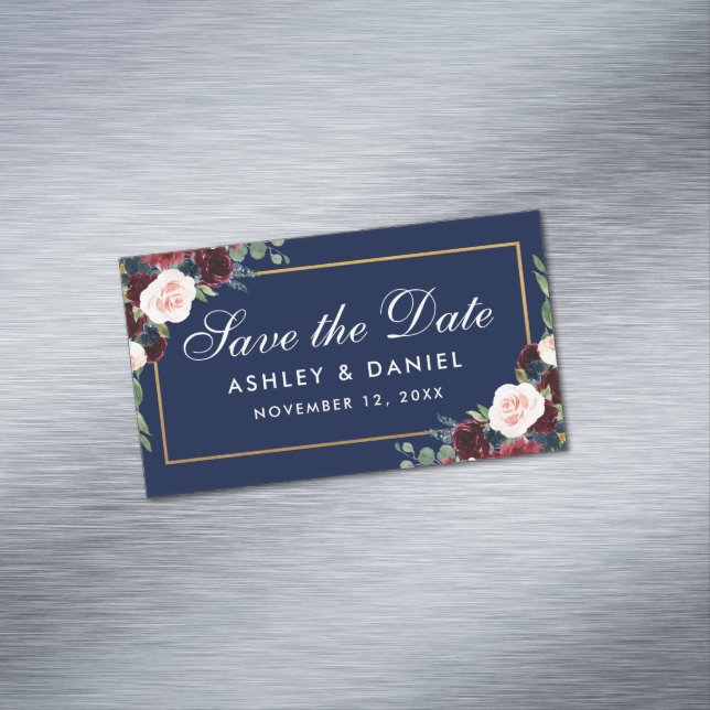 Burgundy Floral Blue Save The Date Mini Magnet (In Situ)