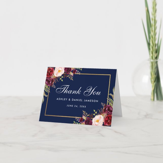 Burgundy Floral Blue Wedding Thanks Note Thank You Card (Front)