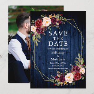 Burgundy Floral Blue Wood Geo Frame Photo Save The Date