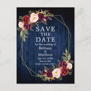 Burgundy Floral Blue Wood Geo Frame Save the Date Postcard