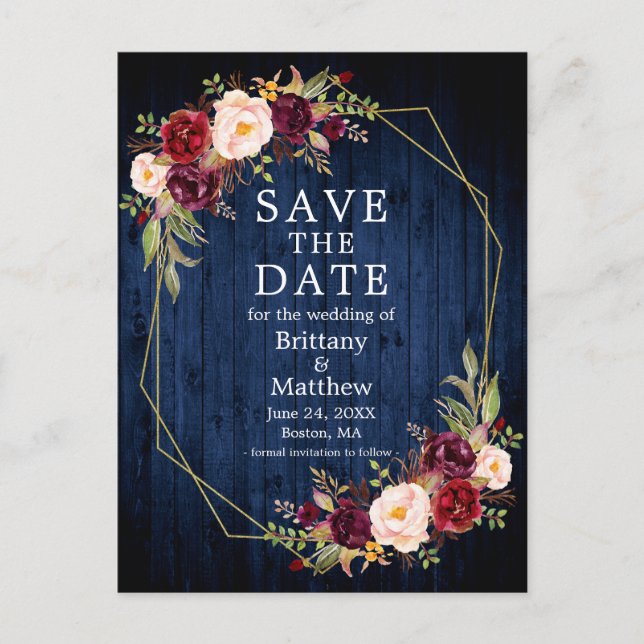 Burgundy Floral Blue Wood Geo Frame Save the Date Postcard (Front)
