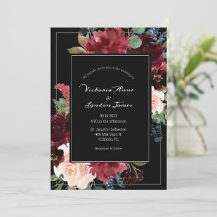 Burgundy Floral Blush Black Elegant Script Wedding Invitation