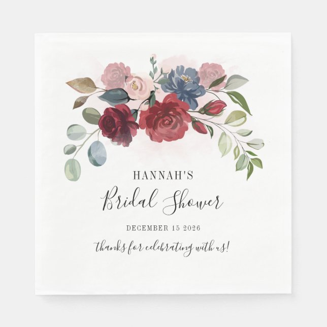 Burgundy Floral Blush Custom Bridal Shower Paper Napkin (Front)