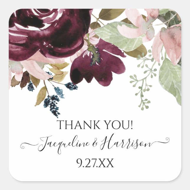 Burgundy Floral Blush Elegant Eucalyptus Wedding Square Sticker (Front)