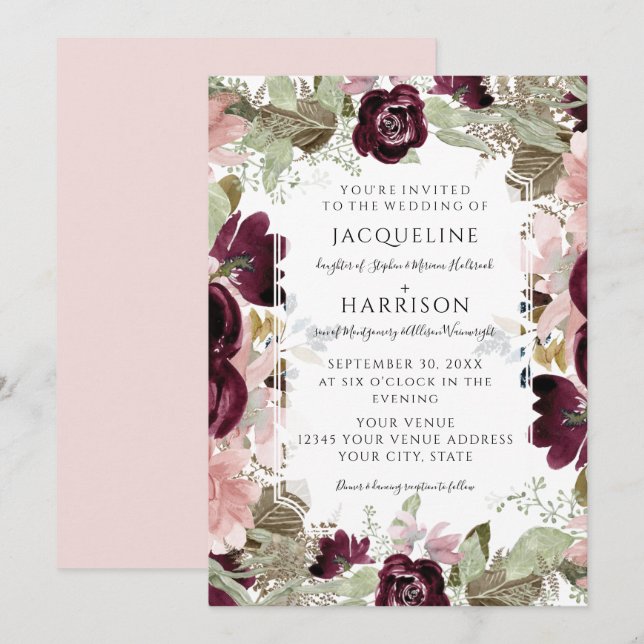 Burgundy Floral Blush Fall Foliage Elegant Wedding Invitation (Front/Back)