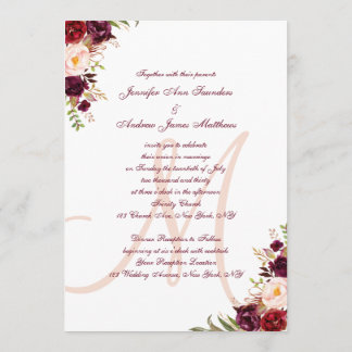 Burgundy Floral Blush Monogram Elegant Wedding Invitation