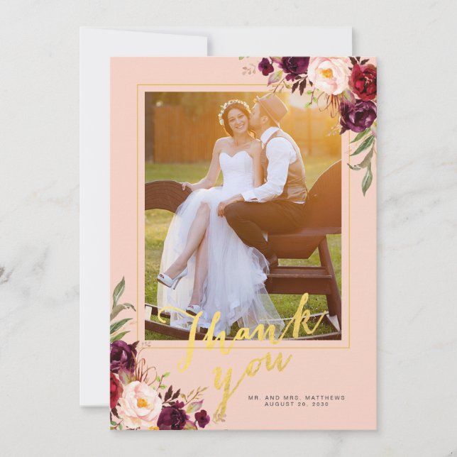 Burgundy Floral Blush Pink Gold Photo Wedding Thank You Card (Front)