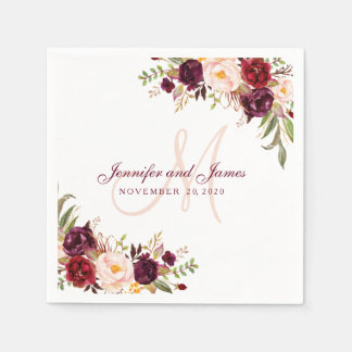 Burgundy Floral Blush Pink Monogram Rustic Wedding Napkin