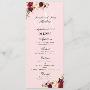 Burgundy Floral Blush Pink Script Monogram Wedding Menu