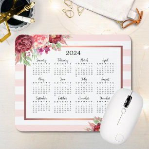 Burgundy Floral Blush Pink Stripes 2024 Calendar Mouse Mat