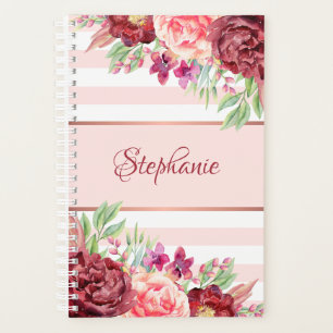 Burgundy Floral Blush Pink Stripes Monogram Planner