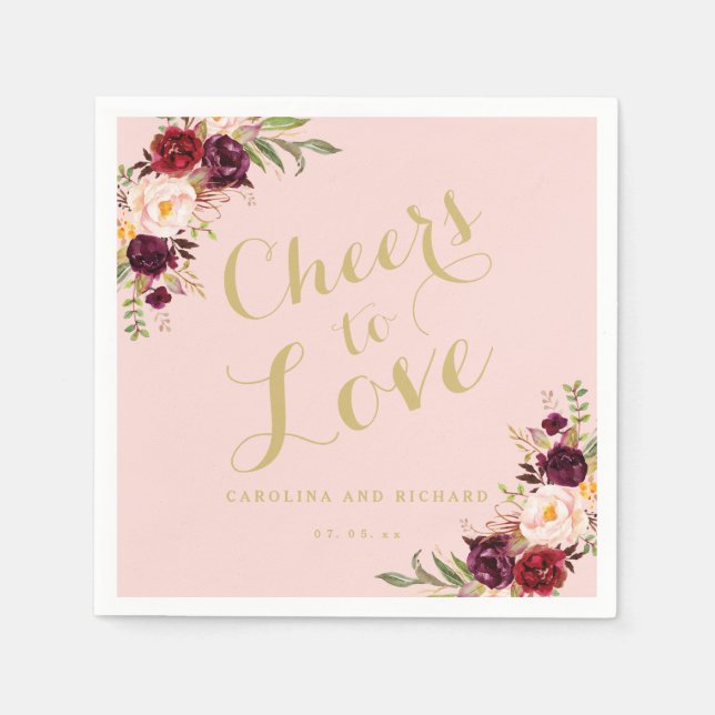 Burgundy Floral Blush Pink Wedding Gold Cheers Napkin (Front)