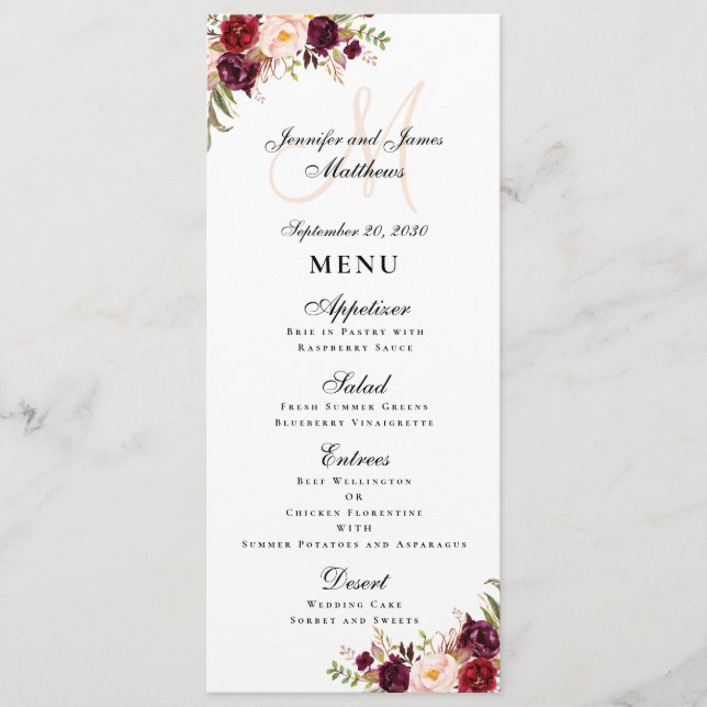 Burgundy Floral Blush Script Monogram Wedding Menu (Front)