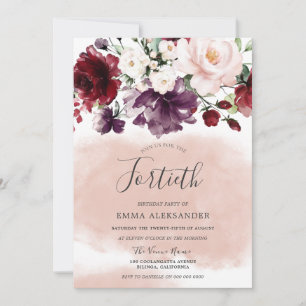 Burgundy Floral Blush Watercolor 40th Birthday Invitation