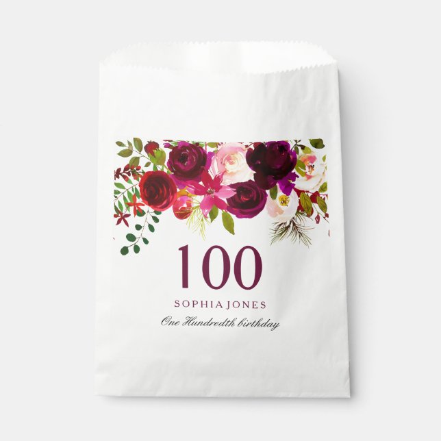 Burgundy Floral Boho 100th Birthday Party Favour Bags (Front)