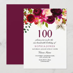 Burgundy Floral Boho 100th Birthday Party Invite