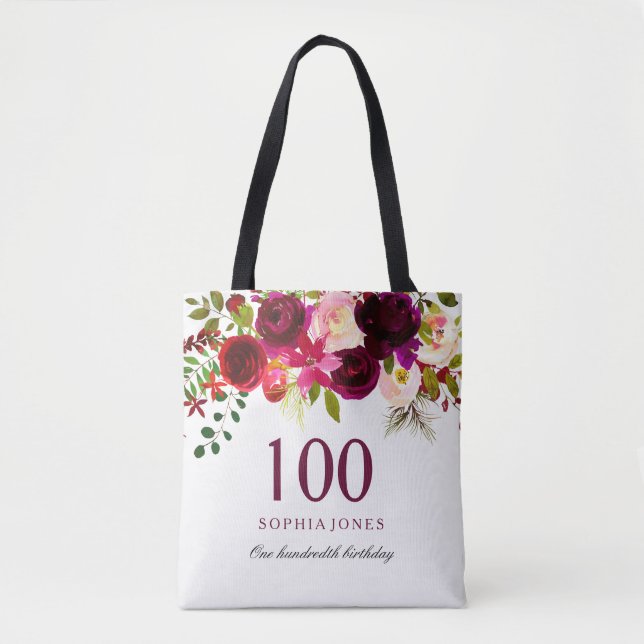 Burgundy Floral Boho 100th Birthday Party Tote Bag (Front)