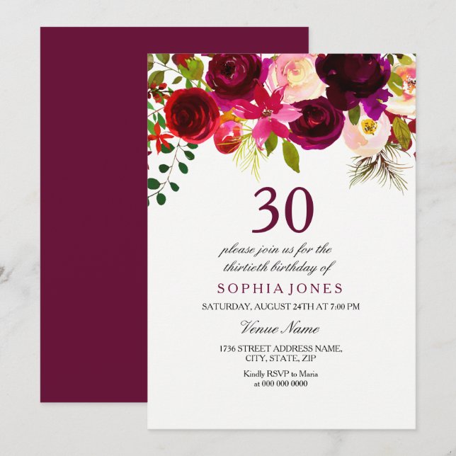 Burgundy Floral Boho 30th Birthday Party Invite (Front/Back)