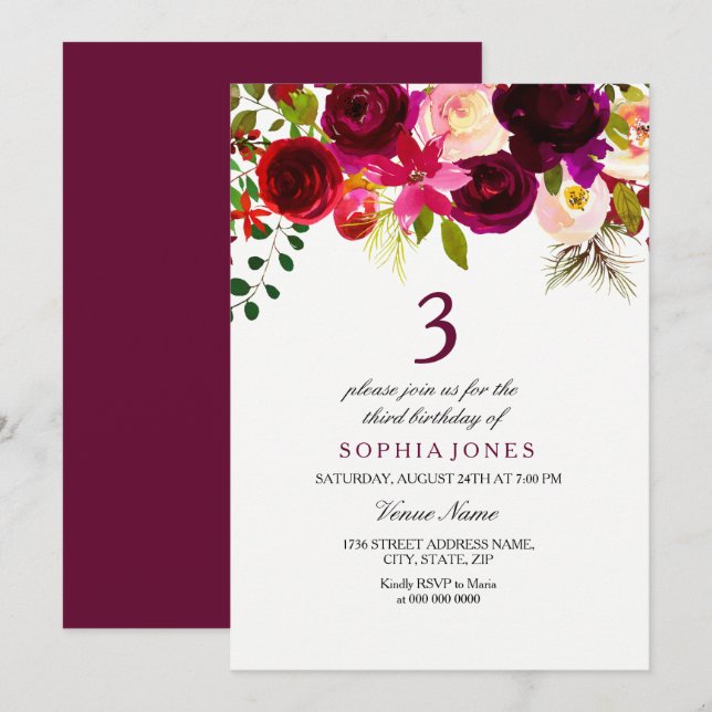 Burgundy Floral Boho 3rd Birthday Party Invite (Front/Back)