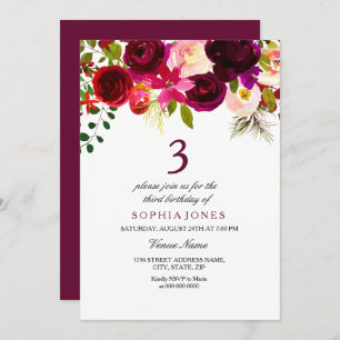 Burgundy Floral Boho 3rd Birthday Party Invite