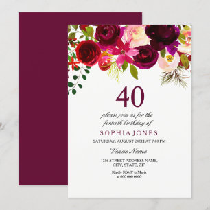 Burgundy Floral Boho 40th Birthday Party Invite