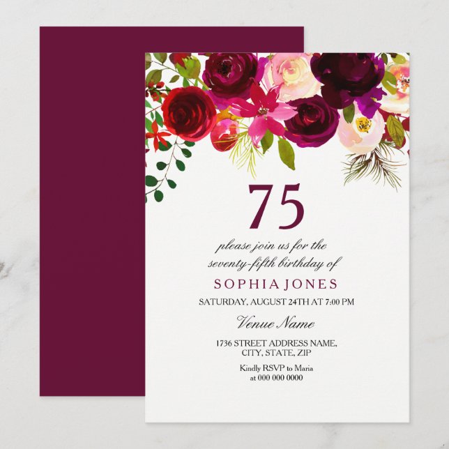 Burgundy Floral Boho 75th Birthday Party Invite (Front/Back)