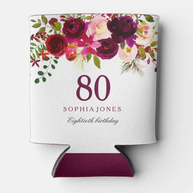 Burgundy Floral Boho 80th Birthday Party Can Cooler (Front)