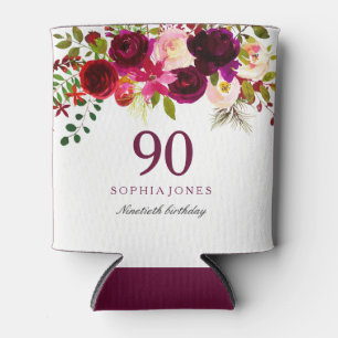 Burgundy Floral Boho 90th Birthday Party Can Cooler