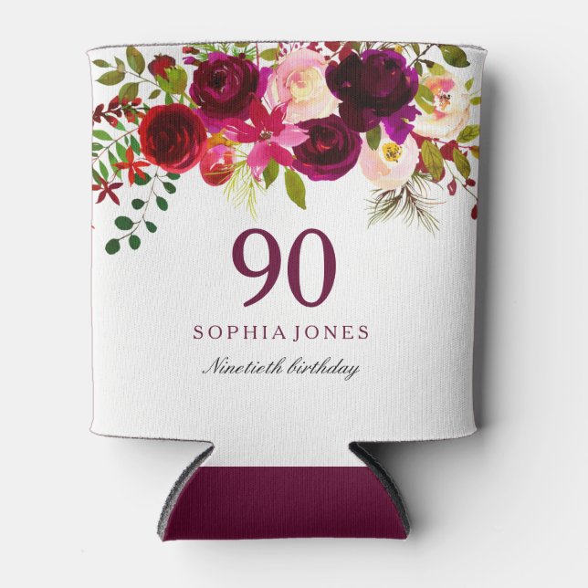 Burgundy Floral Boho 90th Birthday Party Can Cooler (Front)