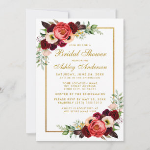 Burgundy Floral Boho Bridal Shower Gold Invite WG