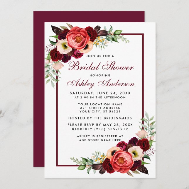 Burgundy Floral Boho Bridal Shower Invite B (Front/Back)