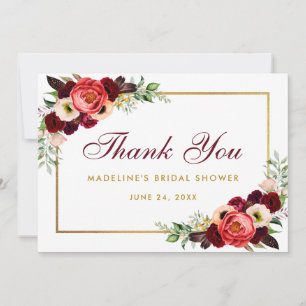Burgundy Floral Boho Bridal Shower Thanks Card B