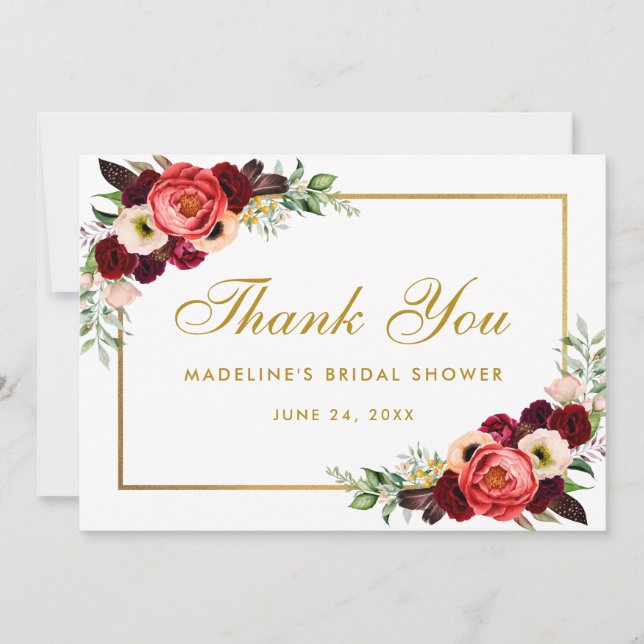Burgundy Floral Boho Bridal Shower Thanks Card GB (Front)
