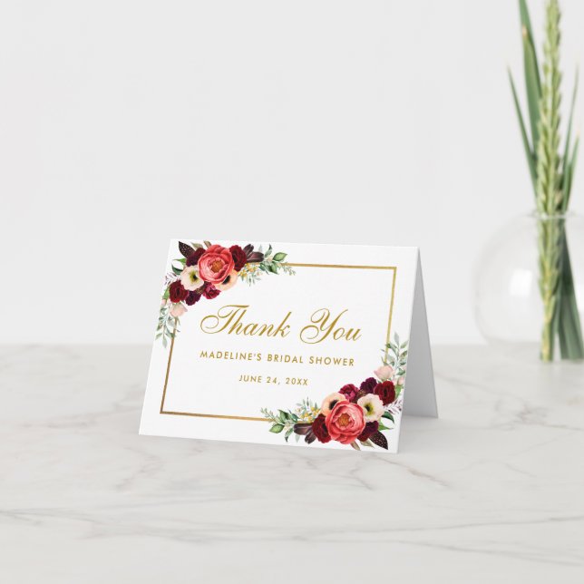 Burgundy Floral Boho Bridal Shower Thanks Note Thank You Card (Front)