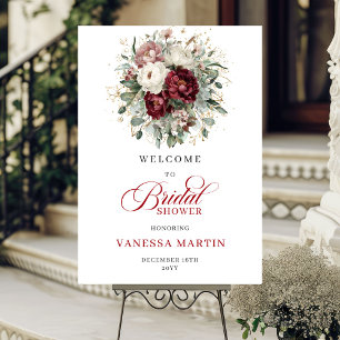 Burgundy Floral Boho Gold Bridal Shower Welcome Poster