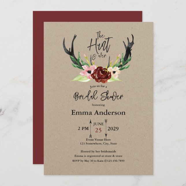 Burgundy Floral Boho Hunt is Over Bridal Shower Invitation (Front/Back)