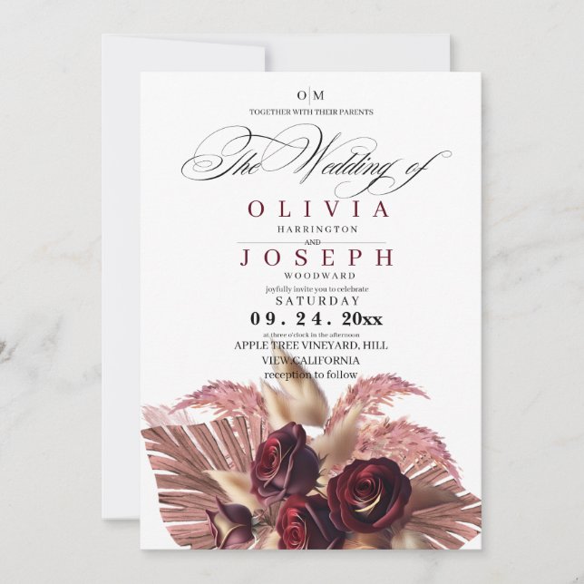Burgundy Floral Boho Rustic Wedding Invitation (Front)