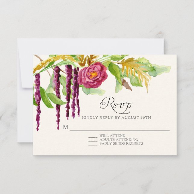 Burgundy Floral BOHO Rustic Wood RSVP Response (Front)