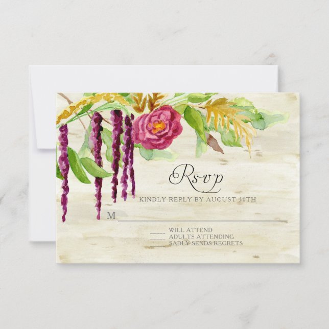 Burgundy Floral BOHO Rustic Wood RSVP Response (Front)