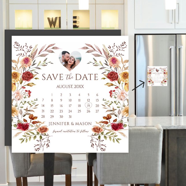 Burgundy Floral Boho Save the Date Photo Magnet (Creator Uploaded)